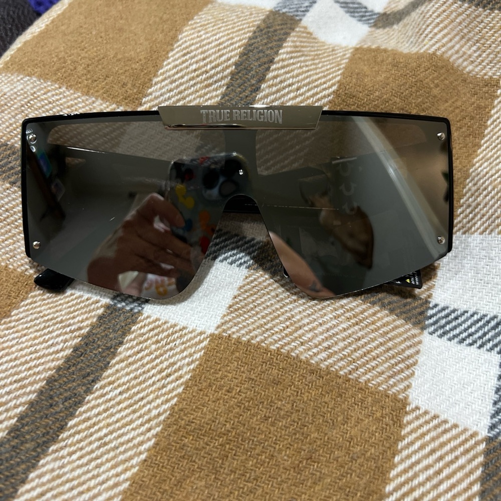 True Religion Black Shield Sunglasses with Silver Plaque